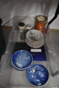 A mixed box of ceramics, to include Copenhagen Christmas plates and Royal Doulton jug,AF.