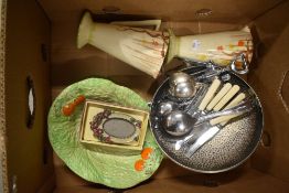 A box containing a mixture of items including, Beswick salad bowl and flatware.