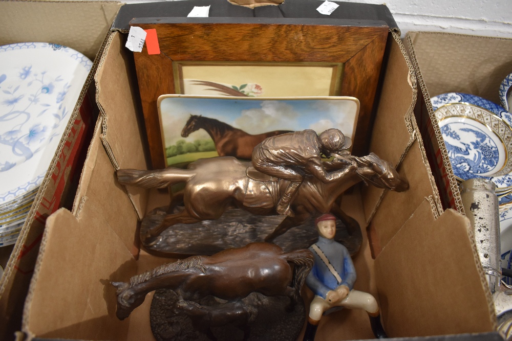A small selection of horse themed items including spelter figure racehorse signed J Skeating,