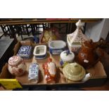 A mixed box of ceramics, including teapot and trinket boxes.