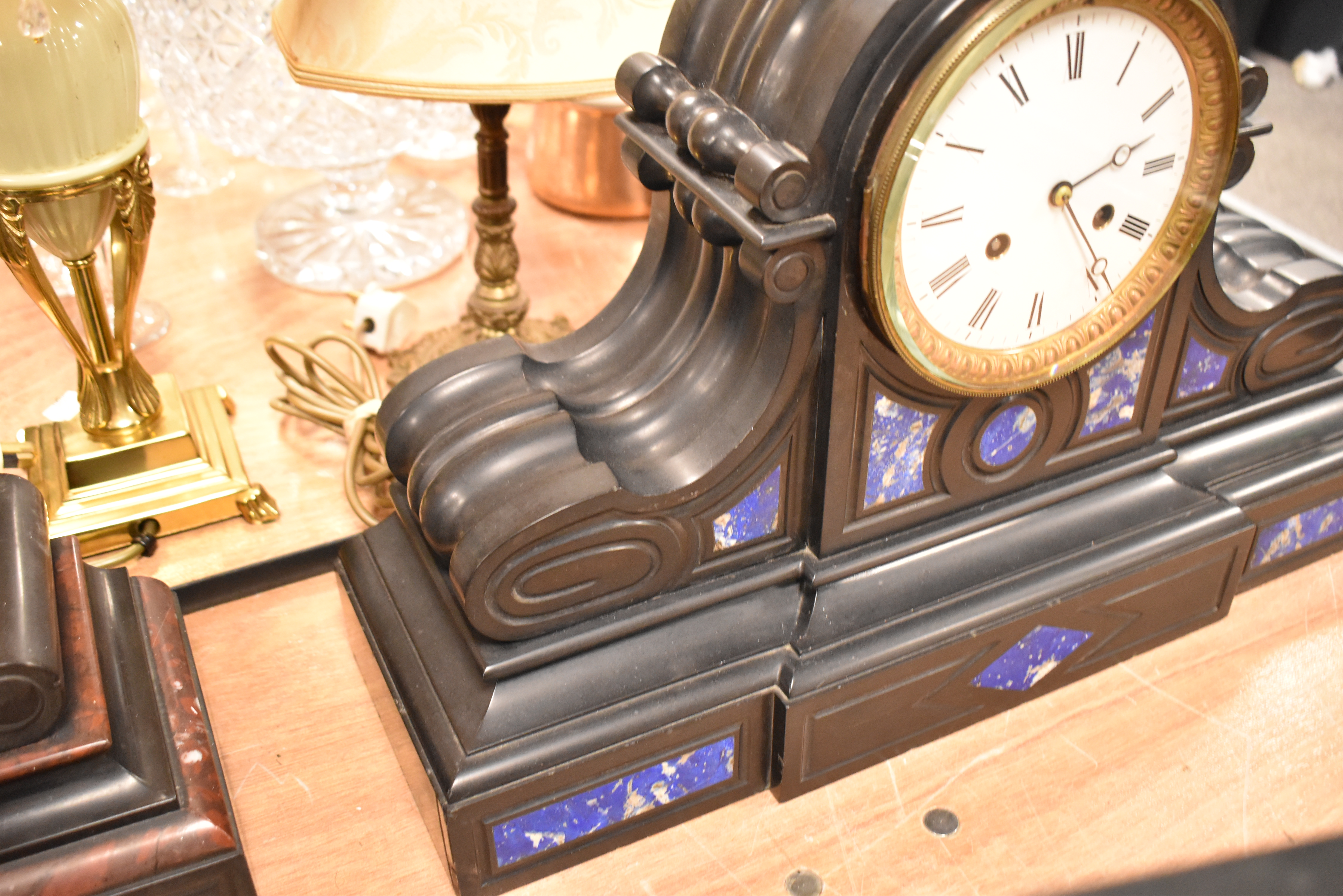 A Victorian French drum head mantel clock in slate with Lapis Lazuli inserts and enamel dial - Image 4 of 7