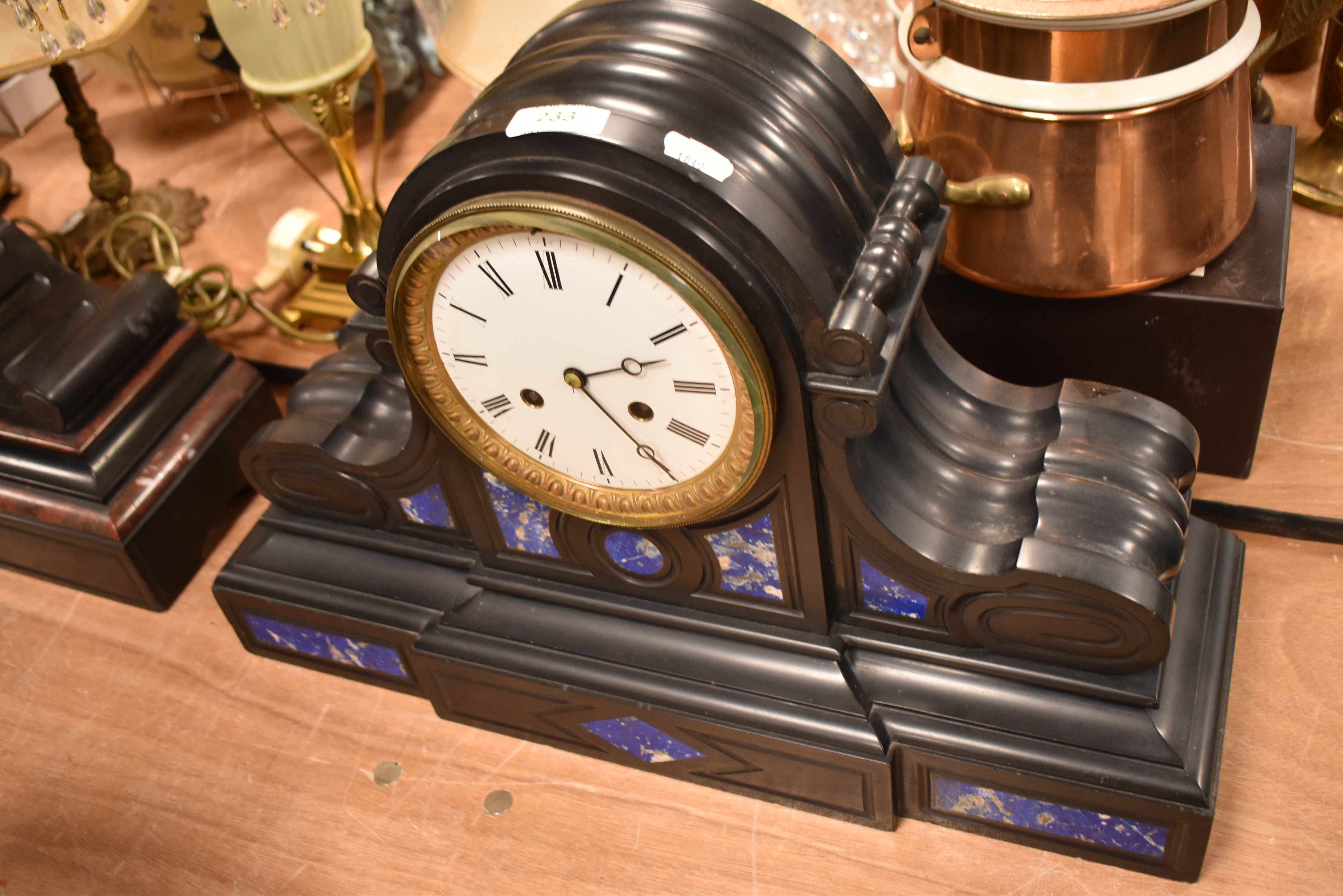 A Victorian French drum head mantel clock in slate with Lapis Lazuli inserts and enamel dial - Image 3 of 7