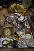 A selection of trinkets including table salts, Europa clock, silver plated tea pot and hip flask