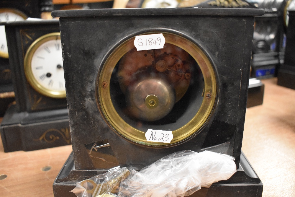 A Victorian slate mantel clock having marble inserts and enamel dial damage to one corner - Image 2 of 2