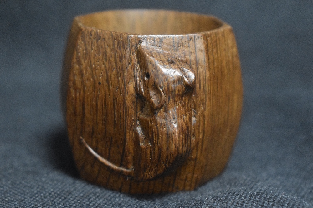 A Robert Thompson Mouseman Yorkshire Oak carved Nut Bowl with a Napkin ring, both bearing a carved - Image 3 of 3