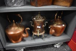 Two very large copper stove kettles and a Victorian Platows patent samovar