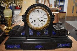 A Victorian French drum head mantel clock in slate with Lapis Lazuli inserts and enamel dial