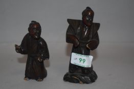 Two antique Japanese Okimono box wood figures one having had repair to head.