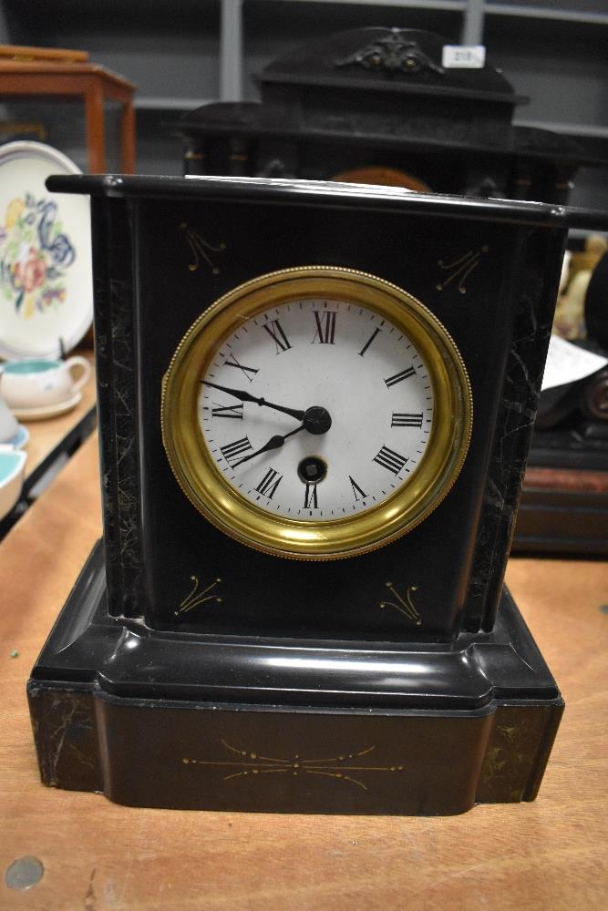 A Victorian slate mantel clock with green marble supports, French movement Japy Freres