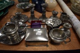 A selection of pewter wares including Norway candle sticks, A.E Poston box, chamber stick and LRI