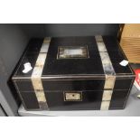 A late Victorian sewing box having ebony veneer case with mother of pearl inlayed banding, with some