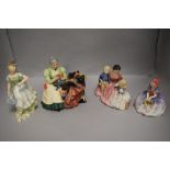 Four figure studies including Doulton Wardrobe Mistress HN.2145, Bedtime Story Rd.s58992, Monica and