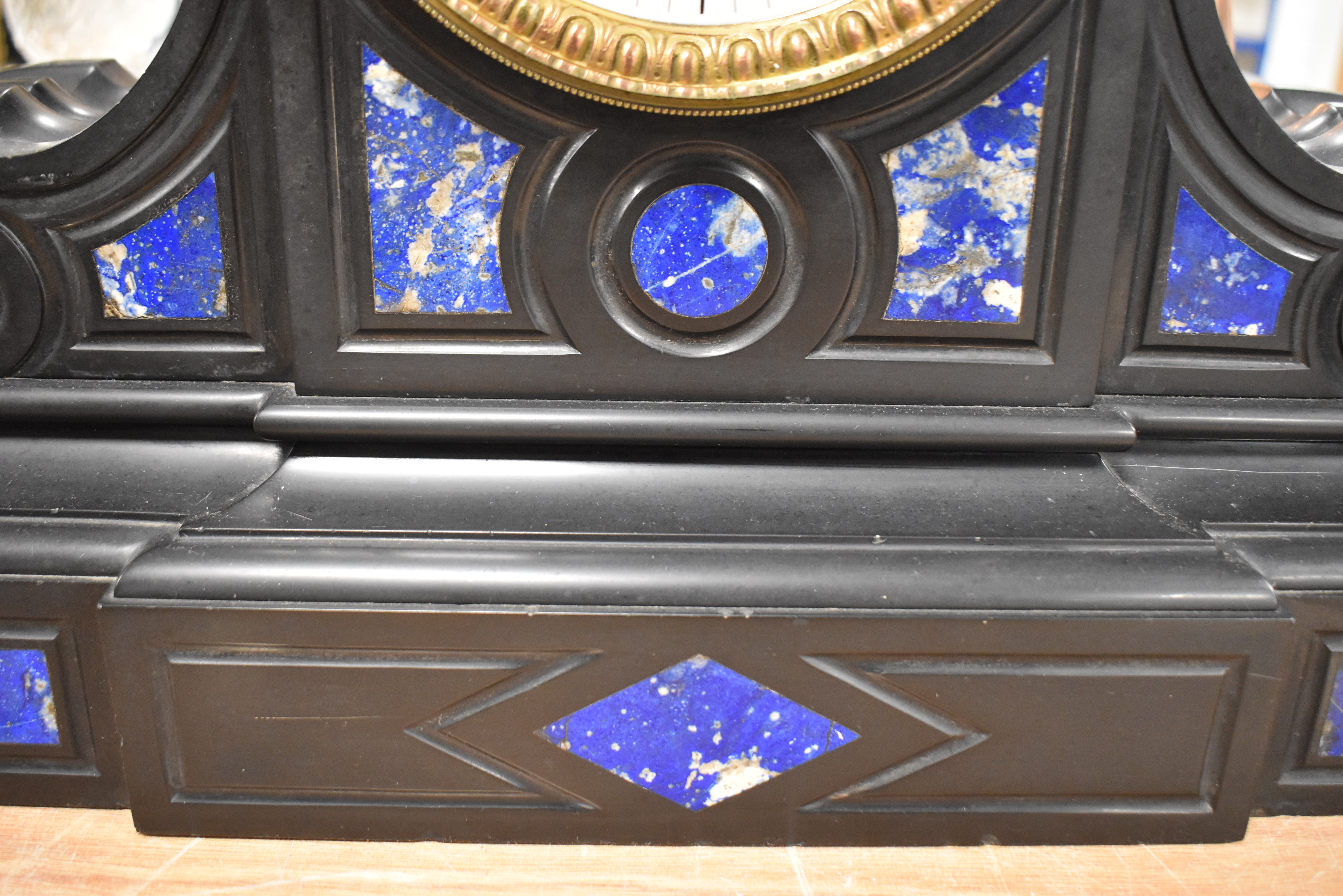 A Victorian French drum head mantel clock in slate with Lapis Lazuli inserts and enamel dial - Image 7 of 7