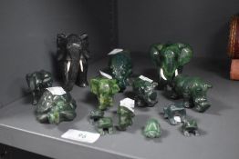 A selection of mid century Asuro Verdite stone carved animals from South Africa