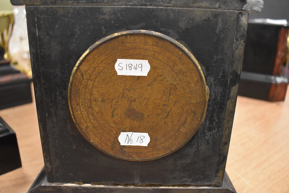 A Victorian French slate mantel clock with marble inserts and enamel dial - Image 2 of 2