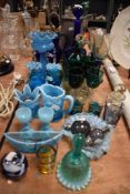A selection of early 20th century glass wares including blue custard glass, Bristol blue and jade