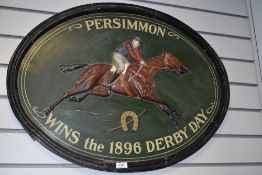 An early 20th century hand painted pub or tavern sign for Persimmon Wins the 1896 Derby Day,