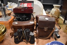 Three pairs of binoculars including Kenlock, Stepruva and Carl Zeiss with a Bell and Howell super