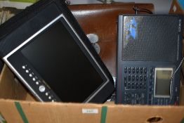 A Roberts digital radio set, a Next Base digital DVD player and a leather satchel