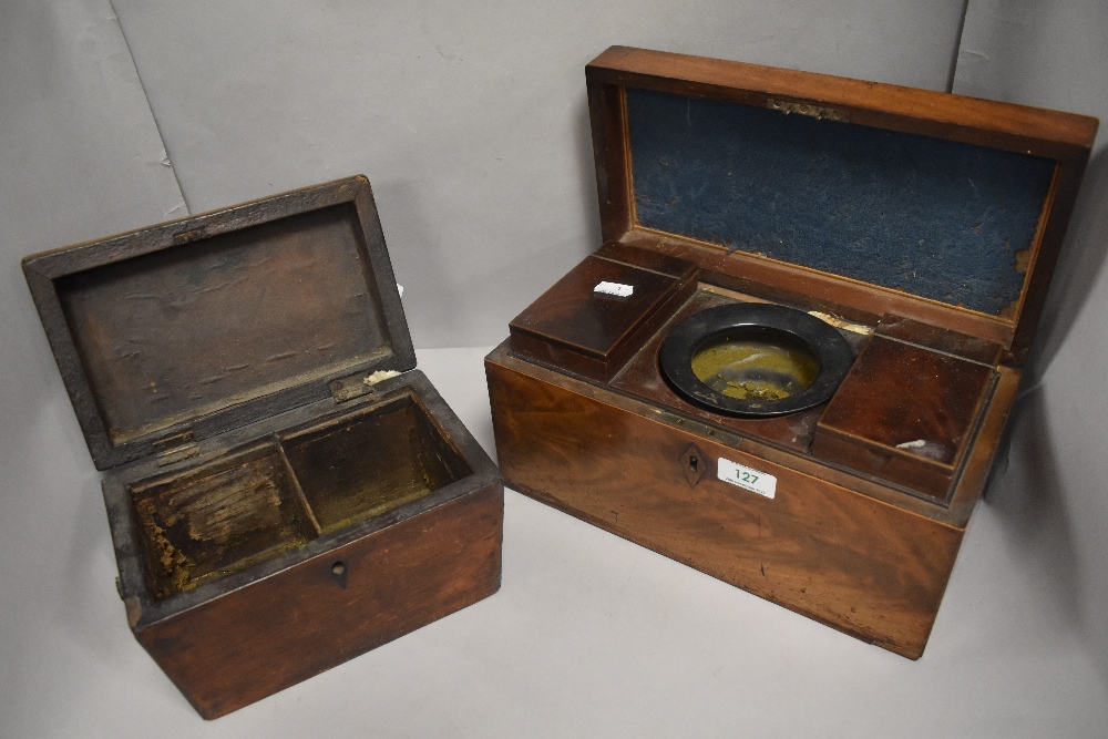 Two Victorian tea caddy, one in a casket form lacking interior, and larger mahogany cased example - Image 2 of 2