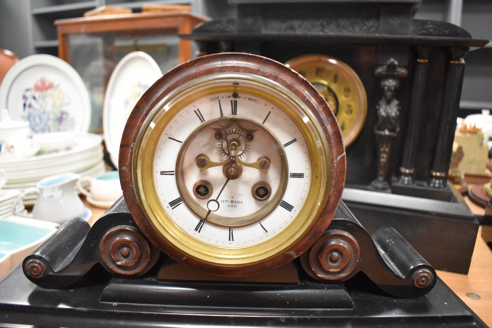 A Victorian drum head slate and red marble mantel clock by Henry Marc Paris, with visible escapement - Image 2 of 3