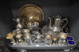 A fine selection of silver plated table wares including biscuit barrel, James Dixon tea pot, tea set