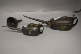 Two early 20th century mechanics oil cans including Braime and Kayes with funnel