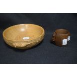 A Robert Thompson Mouseman Yorkshire Oak carved Nut Bowl with a Napkin ring, both bearing a carved