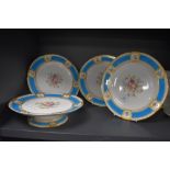 Four Victorian Minton cabinet plates having hand decorated enamel floral designs with a gilt and