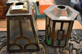 Two Arts and Crafts hall way lanterns or light shades having copper bodies with textured glass.