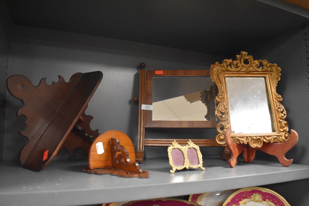 A Victorian toilet or dressing table mirror, two wall sconce shelves and two modern picture frames