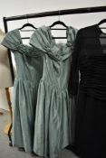 Two retro 1980s/90s bridesmaids dresses in sage green, a Pink Laura Ashley dress with polka dots