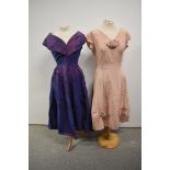 Two vintage dresses to include 1950s pale pink grosgrain Blanes dress with rose details and late