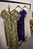 Three vintage dresses to include late 1950s purple lace Ridella dress, metallic 1960s Michelle dress