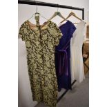 Three vintage dresses to include late 1950s purple lace Ridella dress, metallic 1960s Michelle dress