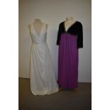 Two 1970s maxi dresses to include white Michael Frank dress and Green and purple Quad dress.