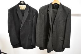 A 1950s gents charcoal grey three piece suit and a similar green two piece suit, both having