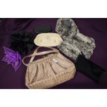 A collection of vintage bags and purses, fascinators and a 1930s/40s grey tippet.
