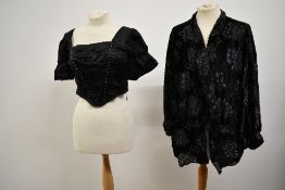 An Art deco devore over jacket or cover up and a Victorian black silk bodice. AF.
