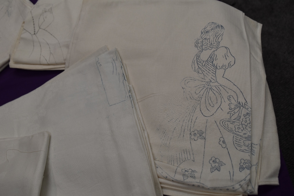 A collection of damask table cloths, each with printed scenes or crinoline ladies on , ready to - Image 2 of 2