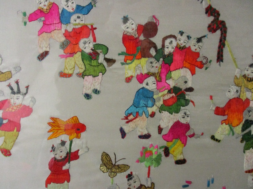 A framed and glazed 20th century silk thread embroidery 'one hundred children'. - Image 3 of 5