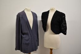 A 1930s black lace bolero jacket with purple and blue band contrast detail and a similar mauve crepe