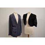 A 1930s black lace bolero jacket with purple and blue band contrast detail and a similar mauve crepe