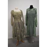 A 1950d Edward Black, Nottingham mint green lace dress with full skirt, long sleeves and illusion