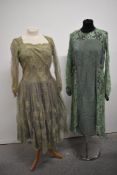 A 1950d Edward Black, Nottingham mint green lace dress with full skirt, long sleeves and illusion