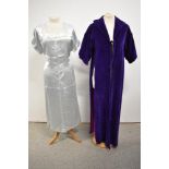 A 1940s blue satin/ rayon nightdress with lace detail and tie waist and a 1960s purple velvet
