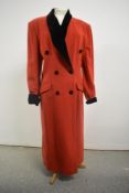 A late 70s/80s Alexon red riding style coat with black velvet collar, cuffs and buttons.