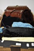 A mixed box of vintage and antique items to include velvet muff, headscarves, fur collar (removed