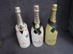 Three bottles of Champagne, Lanson Rose Brut 12.5% vol 75cl in Wimbledon cloth jacket, Moet &