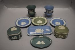 A selection of Wedgwood Jasperware in various colours including Jade Green, Sage Green and sky blue